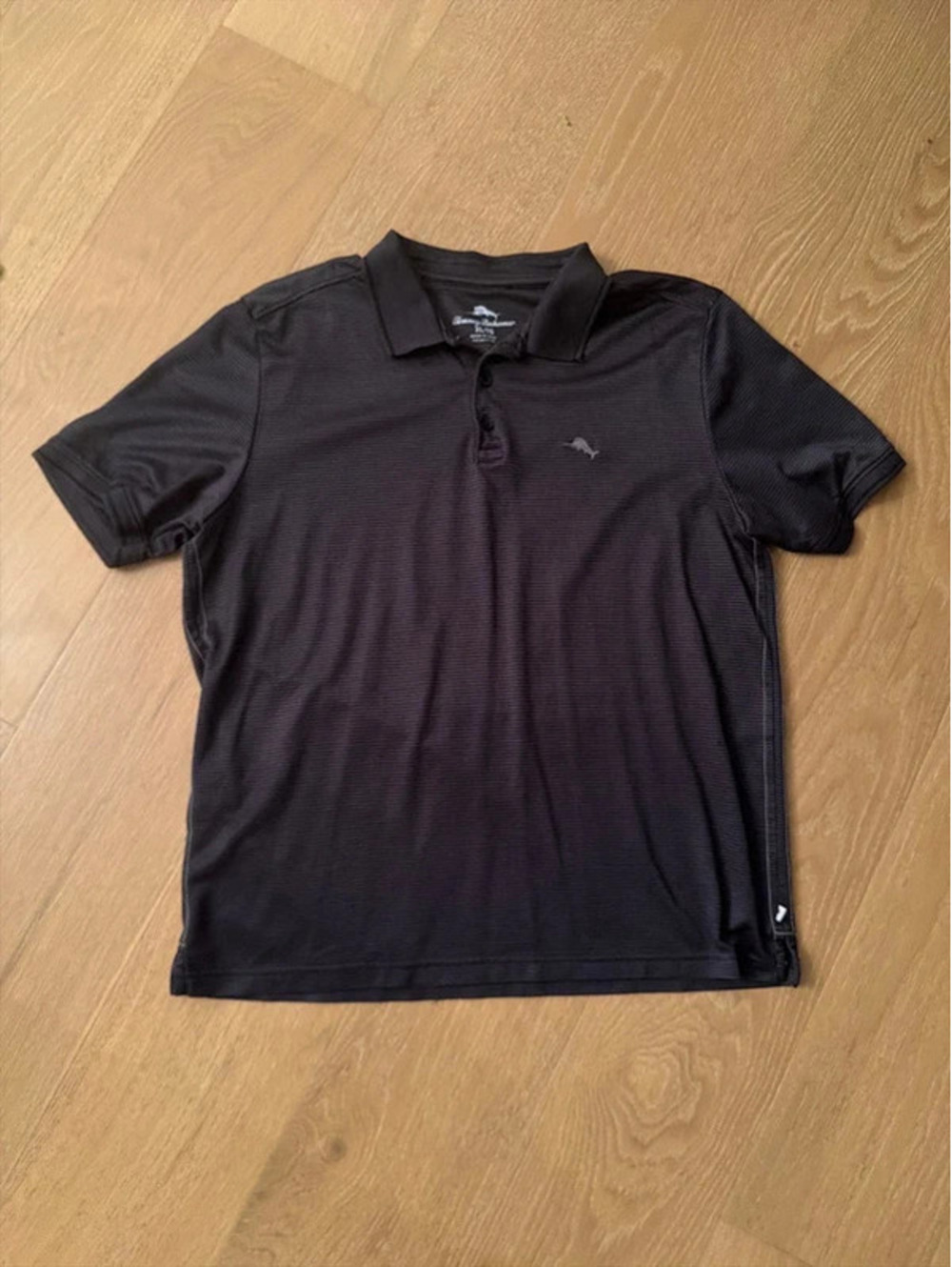 Tommy Bahama Men’s XL Black Striped Performance Polo Shirt Marlin Logo